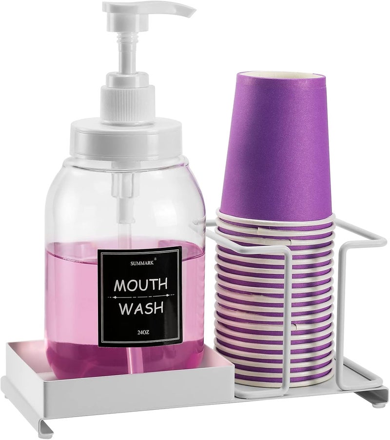 Summark Mouthwash Dispenser for Bathroom,Mouth Wash Pump Bottle with Stainless Steel Cup Holder,24 OZ Refillable Clear Mouthwash Container,BPA Free,White - Image 1